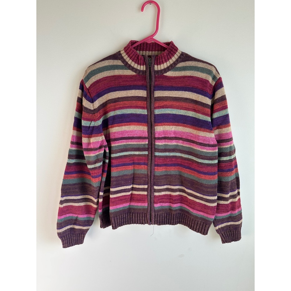 Tiara International Vintage Multi Stripe Zip Up Cardigan Sweater Shoulder Pads S
